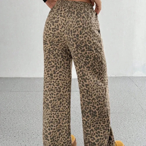 Khaki Casual Women's Leopard Print Loose Wide Leg Palazzo Pants - Picture 3 of 6